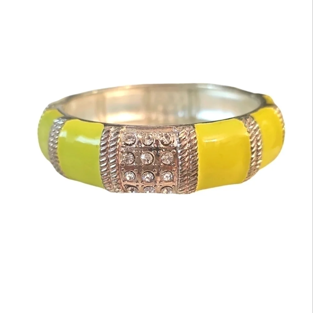 Yellow Enamel Silver Tone Hinged Bracelet, Clear Rhinestones, 1980s